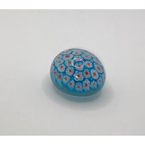 Vintage Blue Glass Paperweight Floral Millefiori Garden Art Decor